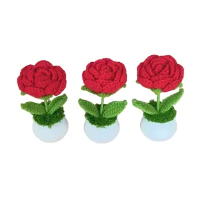 Handmade crochet red rose potted plant desktop ornament cute knitted flower gift for home car