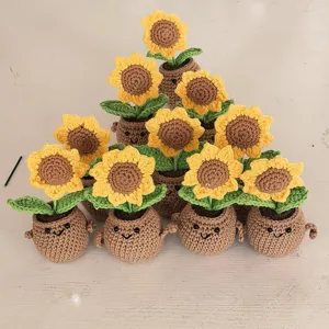 Handmade Knitted Yarn Sunflower Potted Plant Crochet Cute Sun Flower Home Car Tabletop Decor Ornament Gift