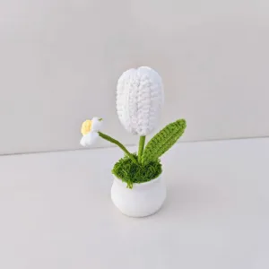 Handmade crochet white tulip potted plant knitted artificial flower home decor gift desktop ornament