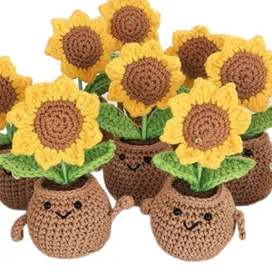Handmade crochet sunflower potted plant, cute knitted flower decor for car desk.
