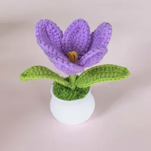 Handmade crochet purple tulip potted plant detail, cute desktop home decor gift item.