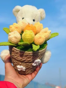 Handcrafted crochet bear tulip potted plant, cute woolen flower bouquet home decor gift.