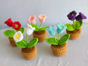 Handmade crochet double flower potted plant knitted yarn home decor gift for festival.