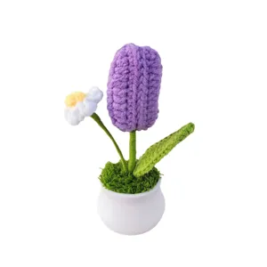Handmade crochet purple tulip potted plant artificial flower for home decor gift.
