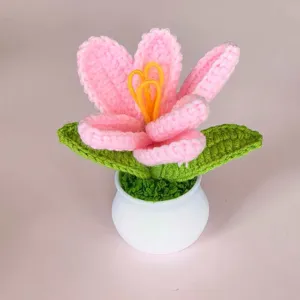 Handmade crochet pink tulip potted plant cute knitted flower desk decor home gift.