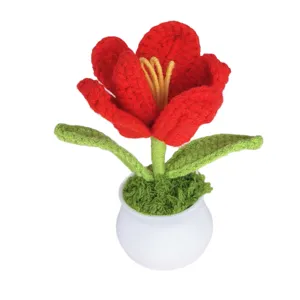 Handcrafted crochet red tulip potted plant desk home decor cute gift simulation flower display