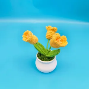 Handmade crochet flower potted plant, knitted wool tulip home desktop decor ornament.