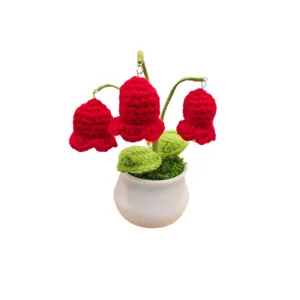 Handcrafted crochet red bellflower potted plant cute knit flower home desktop decor gift.