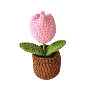 Handmade crochet tulip potted plant cute knitted flower desk ornament home decor pink