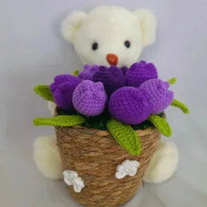 Handmade Crochet Bear Flower Potted Plant Knit Tulip Strawberry Bouquet Home Decor Birthday Graduation Gift