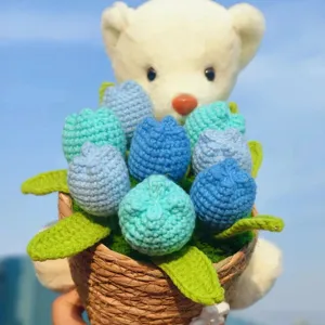 Handmade crochet bear flower bouquet, cute knitted floral ornament for home decor birthday gift.