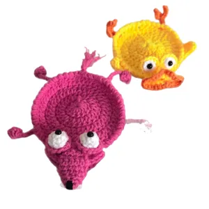 Handmade crochet animal coasters set, cute pink squirrel and yellow duck yarn cup mats.