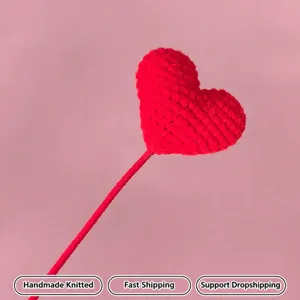 Red crochet heart flower branch handmade knitted diy decorative stem for festival gifts