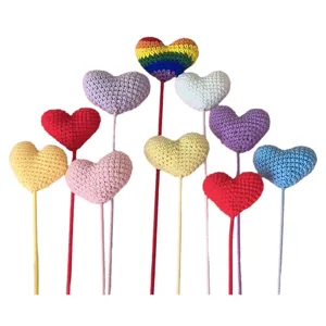 Handmade crochet heart pick woolen yarn love stick DIY bouquet decoration craft supply