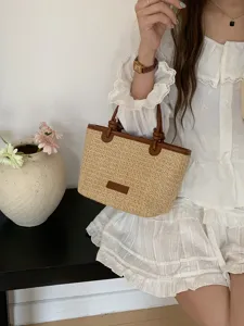 Vintage Stroh gewebte Handtasche mit PU-Leder-Besatz, stilvolle Korbtasche für Strand und Alltag.