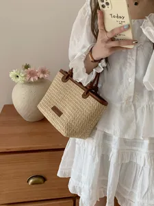 Vintage Stroh gewebte Handtasche im Landhausstil Farbkontrast Tasche Freizeittasche