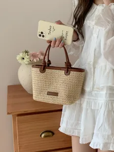 Vintage Strohgewebte Handtasche für Damen, pastorale Kontrast PU-Leder Griff Korbtasche.