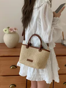 Vintage Stroh Handtasche für Damen, Farbblock PU Leder Shopper Bag, Sommer Strand Pendeln.