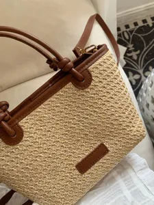 Geflochtene Stroh Handtasche für Damen, vintage Farbstück Eimer Tasche mit PU Leder für Sommer.