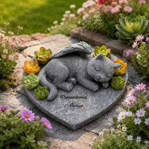Statue de jardin en résine pierre commémorative chat animal ange avec chaton et plantes