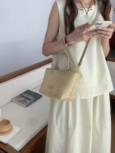 Damen Strohgewebte Handtasche Vintage Umhängetasche PU Leder Spleiß Strand Shopper