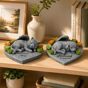 Statue de mémorial pour animaux en résine avec ailes d'ange et succulentes pour le jardin et déco