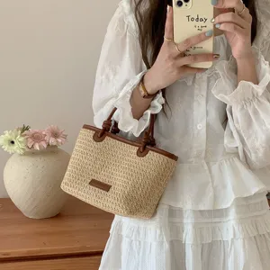Damen pastorale Vintage geflochtene Handtasche Stroh Shopper PU Leder Strand Tasche