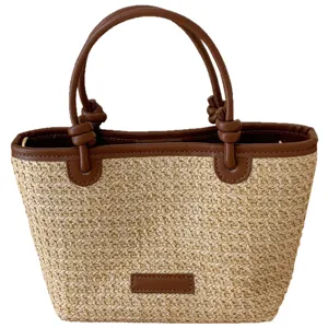 Geflochtene Strohtasche fur Damen Vintage Farbmix PU Leder Griff Strand Handtasche