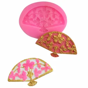 Chinesischer Stil Fächer Silikonform Elegant Blumen Relief Kuchen Dekoration Werkzeug Fondant Schokolade Epoxidharz Backform