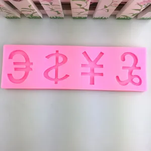 Detailansicht der rosa Silikonform mit Währungssymbolen, ideal zum Backen und Basteln.