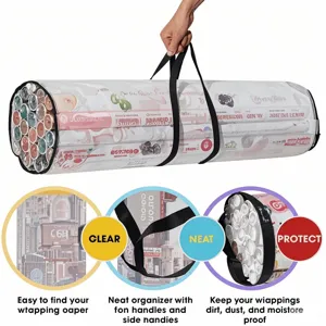 Bolsa de almacenamiento cilíndrica transparente para papel de regalo con asas organizador