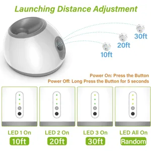 Detalle de lanzador de pelotas para mascotas con distancia 10ft-30ft y LED.