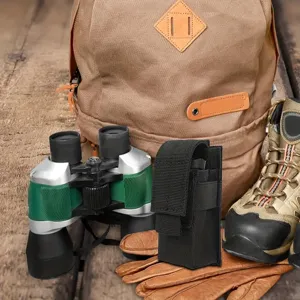Tactical flashlight pouch detail view, showing durable nylon material and molle attachment.