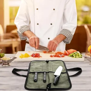 Vue détaillée du sac à rouleau pour couteaux de chef en toile avec fermeture éclair.