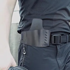 Black leather tactical waist holster for outdoor tools and portable daily use gear.