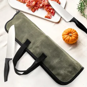 Sac de rangement pour couteaux de chef en toile robuste, parfait pour voyage et cuisine en plein air.