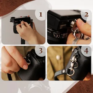 Detailed installation guide showing how to attach the vintage leather camera strap securely.