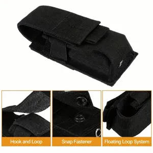 Close-up details of tactical flashlight pouch, showing hook-and-loop closure and secure snap.