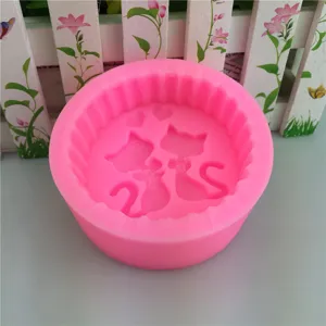 Pink silicone mold for baking, handmade soap, fondant, cute cat and heart couple design.