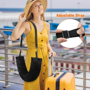 Outdoor travel foot hammock detail showing adjustable strap and plush black fabric material.