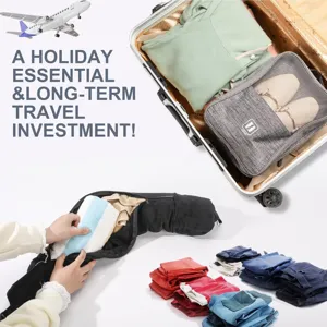 Travel neck pillow stuffable clothes organizer bag set for flight and holiday essential travel.