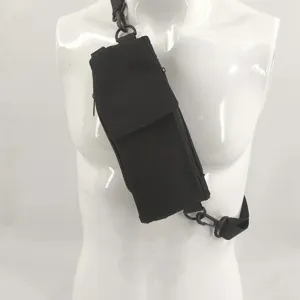 Black utility pouch detail view, showing durable canvas texture, zipper closure and strap.