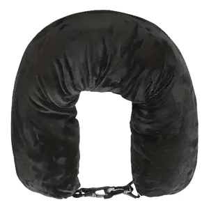 Black travel U-shaped neck pillow fillable compressible ergonomic support for flight trip