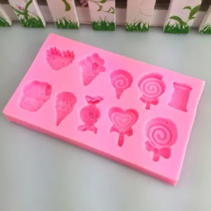 Stampo in silicone rosa con varie forme dolci carine come gelato, lecca-lecca, cuore e caramella.