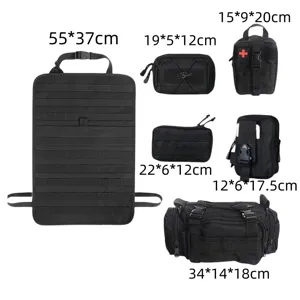 Tactical car seat back organizer and Molle pouch set in black nylon with multiple sizes.