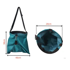 Waterproof oxford cloth outdoor fruit picking bag with adjustable strap and dimension specs.