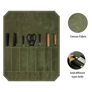 Canvas knife roll bag detail showing durable waterproof fabric and multiple tool slots.