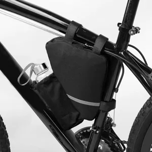 Detail view of black bicycle frame triangle bag with water bottle holder and reflective strip.
