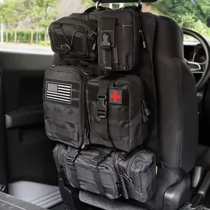 Tactical car seat organizer Molle back seat storage bag with multiple tactical pouches and patches.