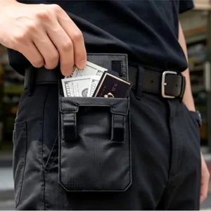 Black tactical waist pouch for belt, portable money and card organizer bag for travel.